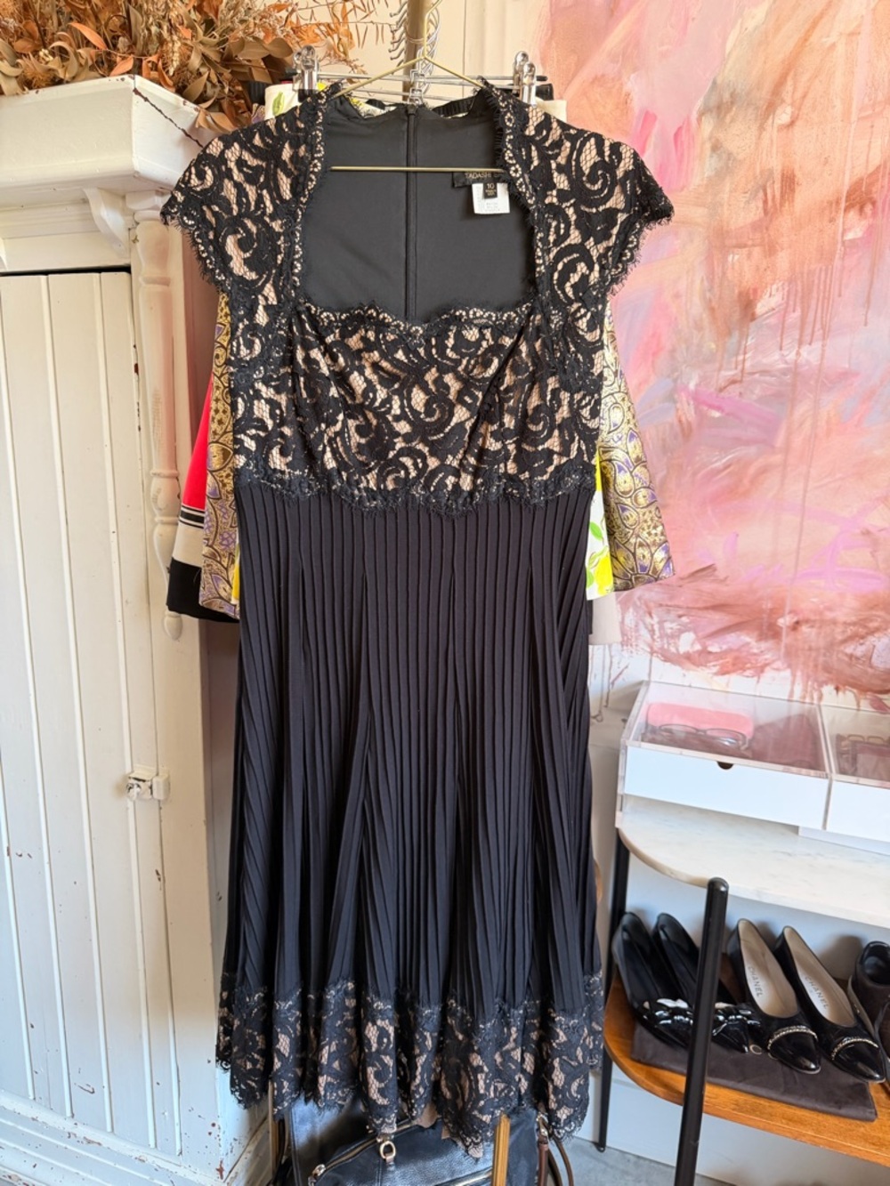 Tadashi Shoji Black Lace Midi Dress with Nude Lining